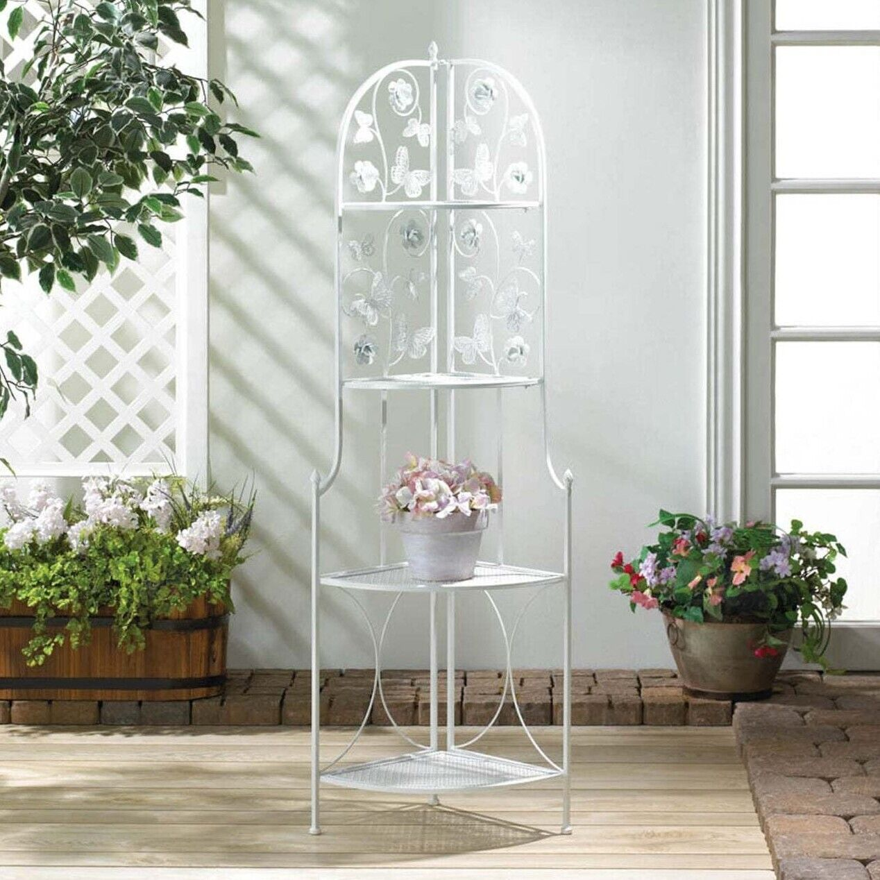 Butterfly-Themed White Iron Four-Tier Corner Shelf