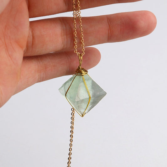 Gold Wire Wrapped Octahedron Green Fluorite Pendant Necklace Natural Stone Jewelry Healing Chakra Gem Necklace Unique Gift