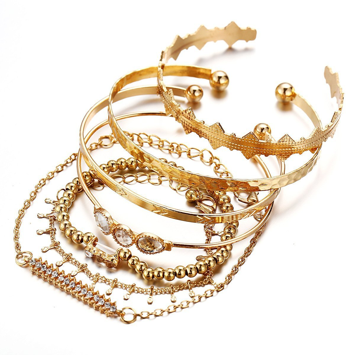 7 Piece Geometric Bangle Set With Gemstone  Crystals 18K Gold Plated Bracelet