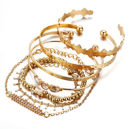 7 Piece Geometric Bangle Set With Gemstone  Crystals 18K Gold Plated Bracelet
