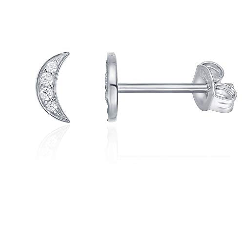 Cresent Stud Earring with Austrian Crystals - 14K White Gold Plated