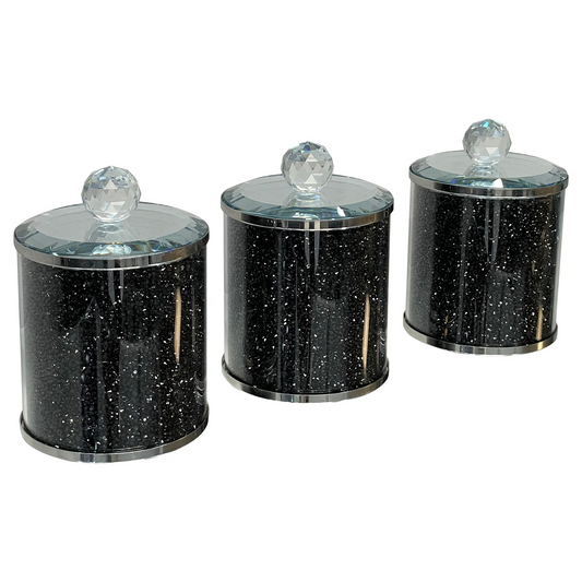 Exquisite Three Glass Canister Set, Black Crushed Diamond Glass
