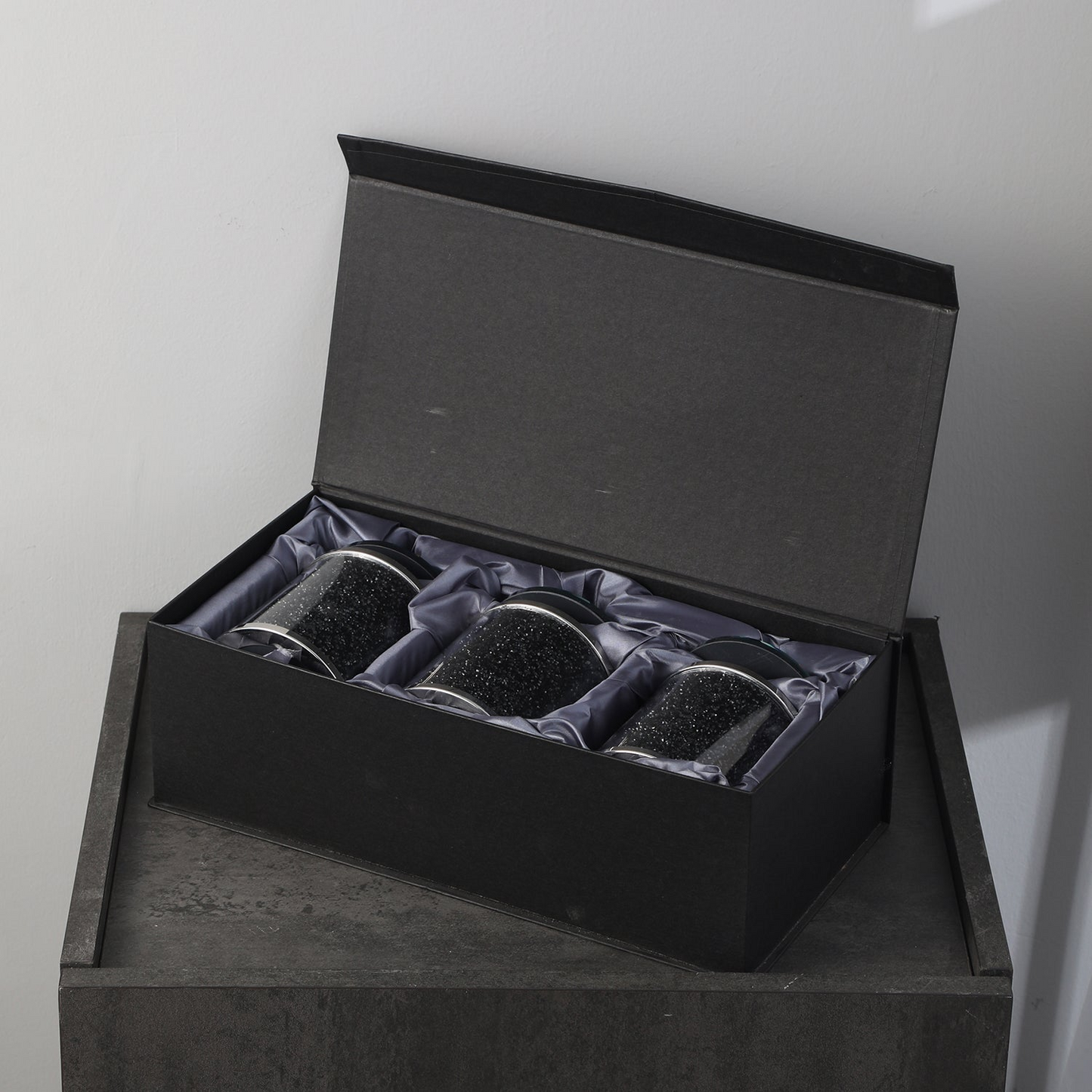 Exquisite Three Glass Canister Set, Black Crushed Diamond Glass