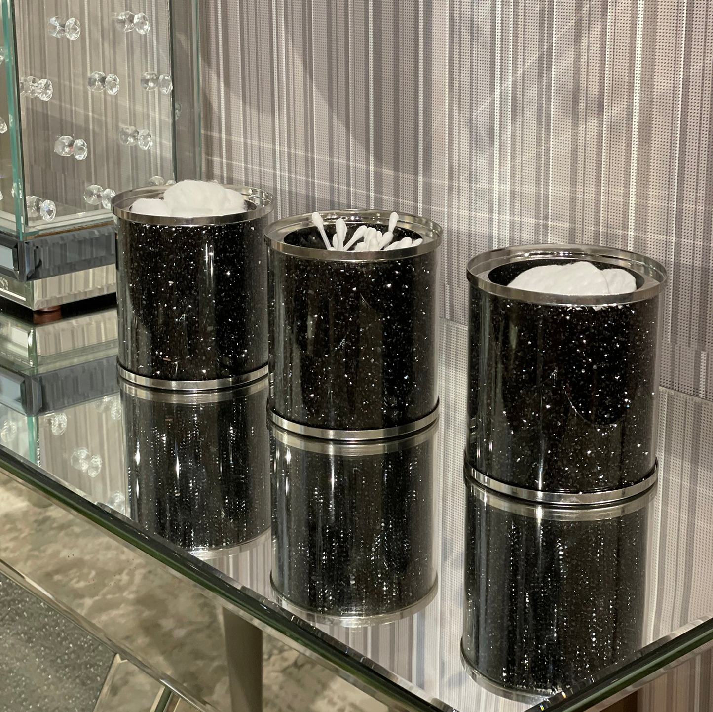 Exquisite Three Glass Canister Set, Black Crushed Diamond Glass