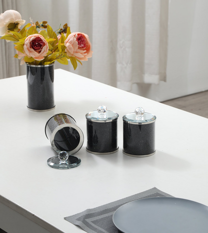 Exquisite Three Glass Canister Set, Black Crushed Diamond Glass