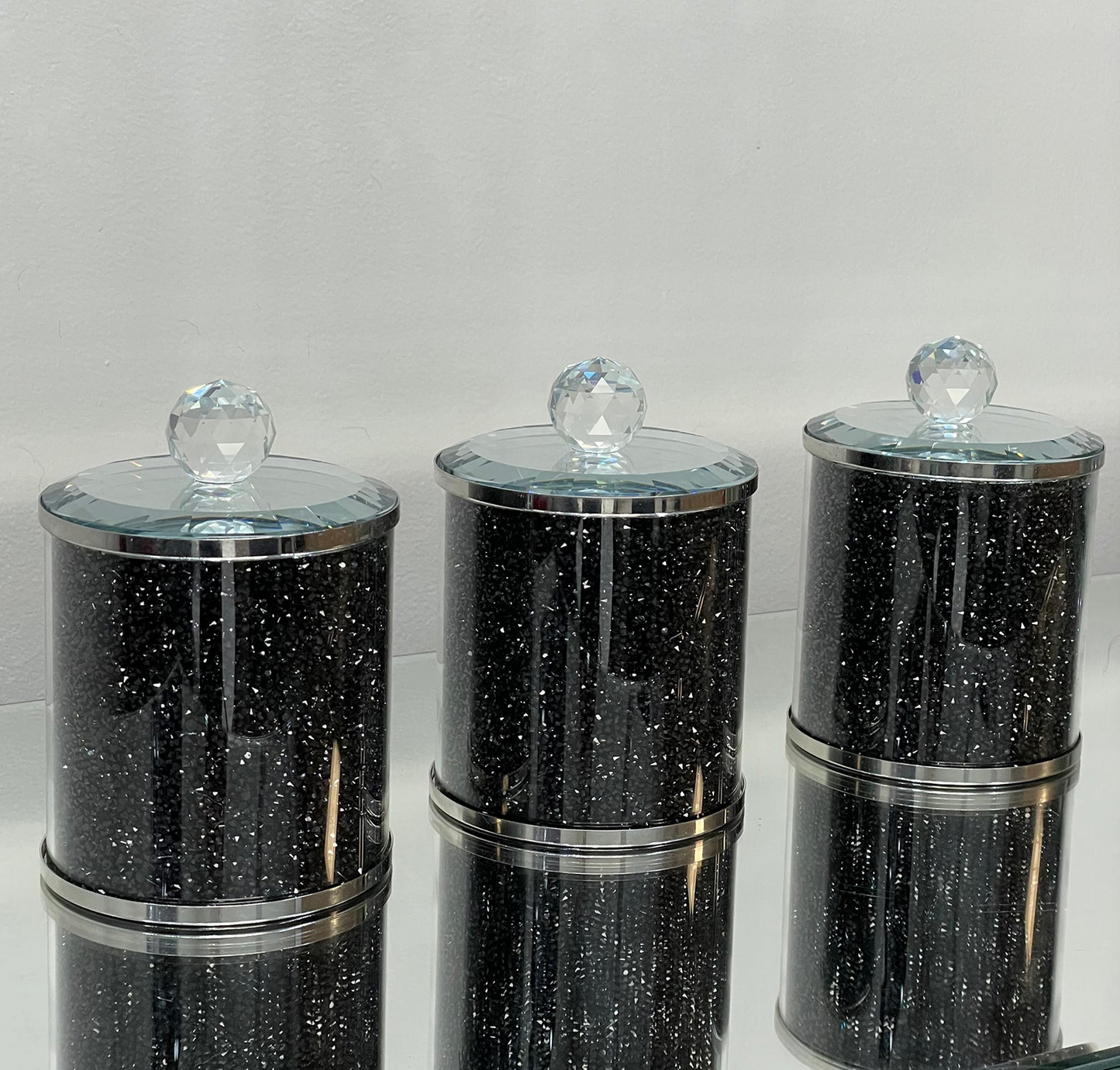 Exquisite Three Glass Canister Set, Black Crushed Diamond Glass