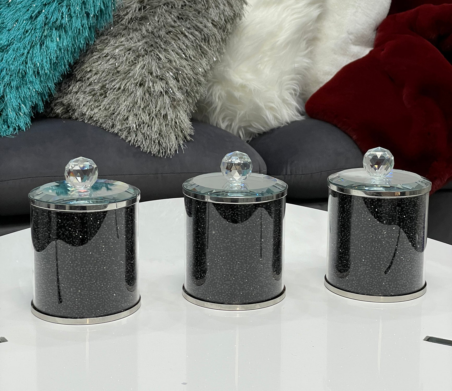 Exquisite Three Glass Canister Set, Black Crushed Diamond Glass