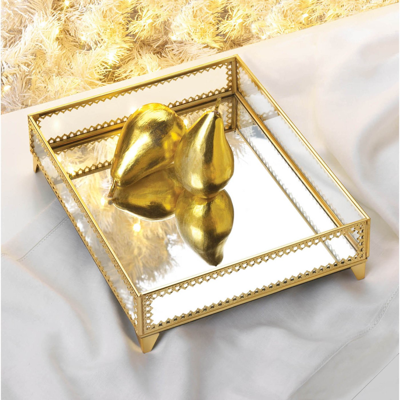 Gold Jewelry Tray with Mirrored Base