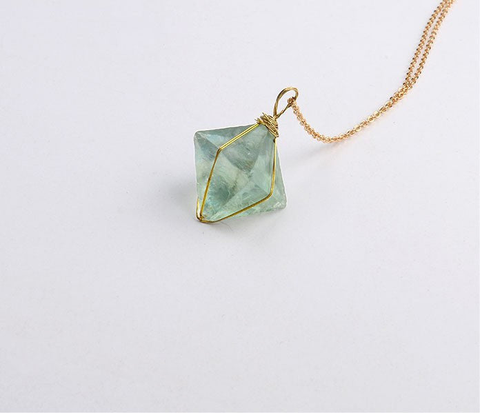 Gold Wire Wrapped Octahedron Green Fluorite Pendant Necklace Natural Stone Jewelry Healing Chakra Gem Necklace Unique Gift