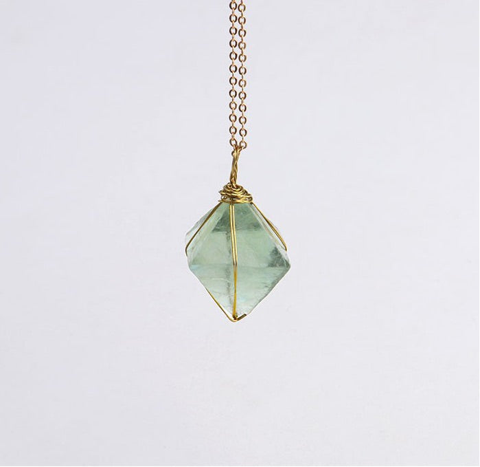 Gold Wire Wrapped Octahedron Green Fluorite Pendant Necklace Natural Stone Jewelry Healing Chakra Gem Necklace Unique Gift