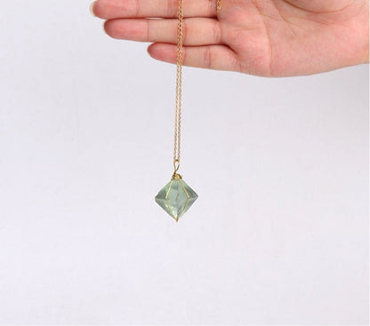 Gold Wire Wrapped Octahedron Green Fluorite Pendant Necklace Natural Stone Jewelry Healing Chakra Gem Necklace Unique Gift